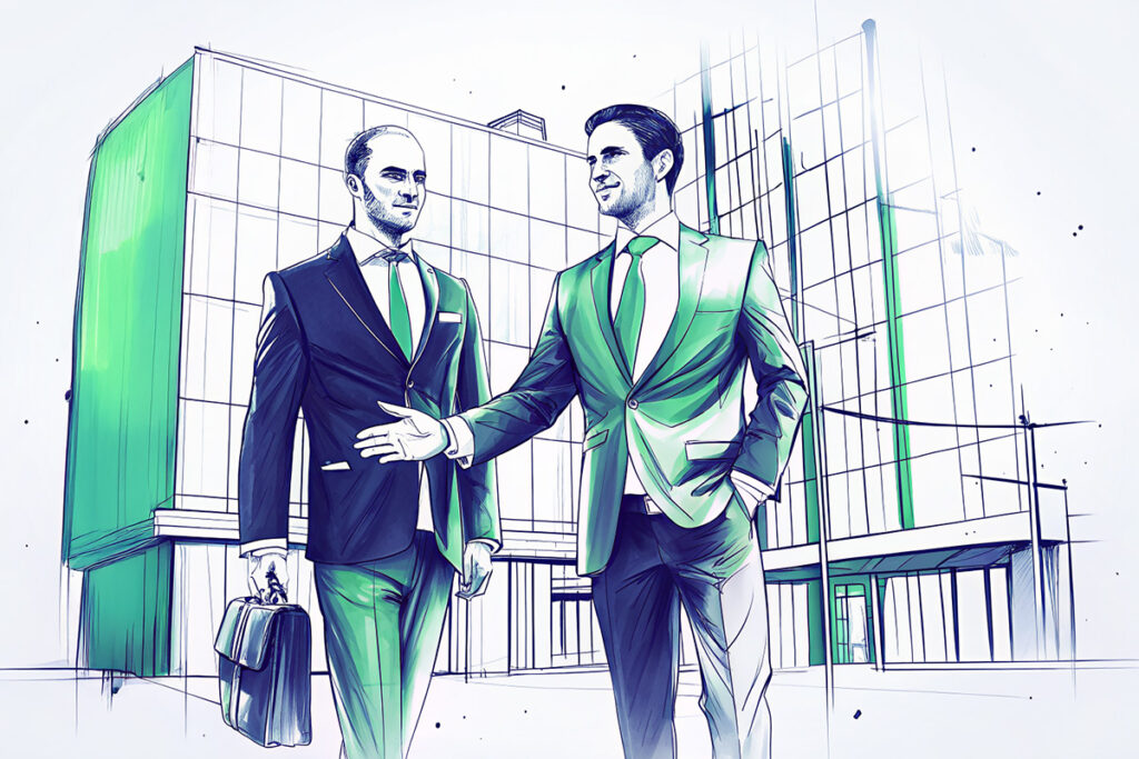 Illustration zweier Geschäftsleute im Gespräch vor einem Bürogebäude – symbolisiert die Schweigepflicht von Berufsgeheimnisträgern.