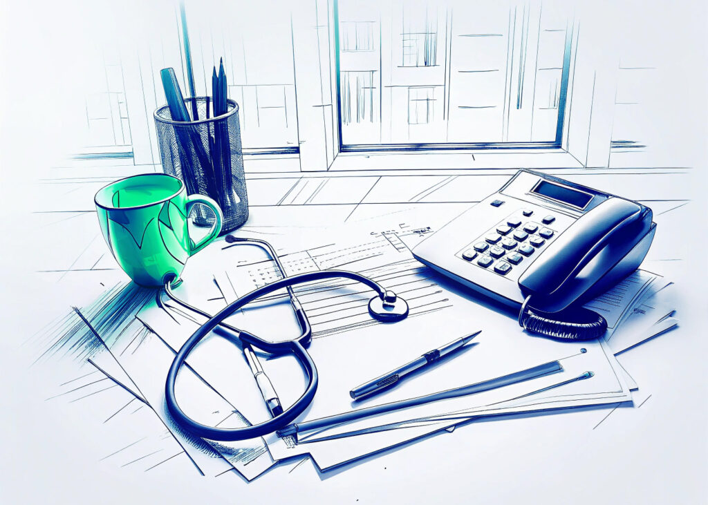 Illustration eines ärztlichen Arbeitsplatzes mit Stethoskop, Formularen und Telefon – sinnbildlich für den Widerruf der Approbation als berufsrechtliche Folge strafrechtlicher Verurteilungen.