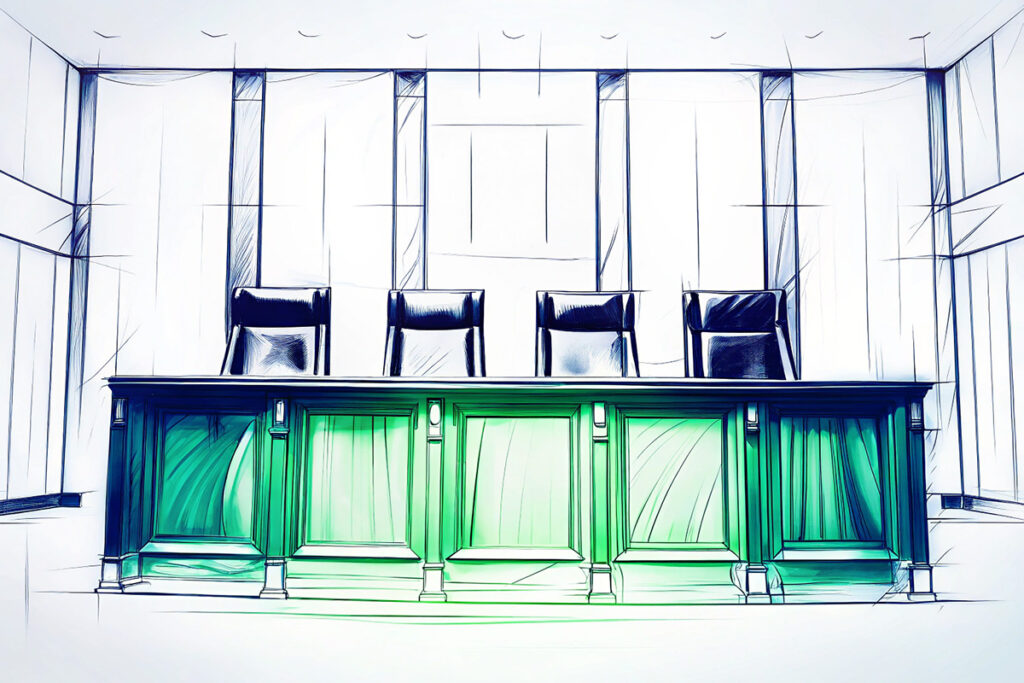Illustration eines Landgerichts mit Richterbank – symbolische Darstellung des Beweisantragsrechts.