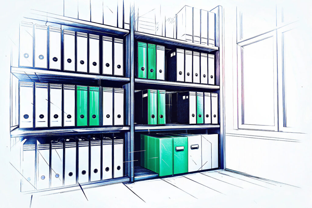Illustration eines Büroregals mit Aktenordnern – symbolisiert die Frage nach Schadensersatz für staatliche Ermittlungsmaßnahmen.