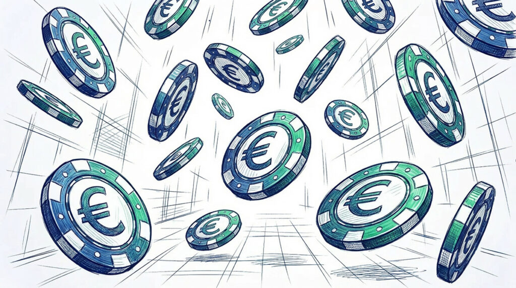 Illustration von fallenden Euro-Spielchips als Symbol für Glücksspiel und Einziehung nach dem Bruttoprinzip.