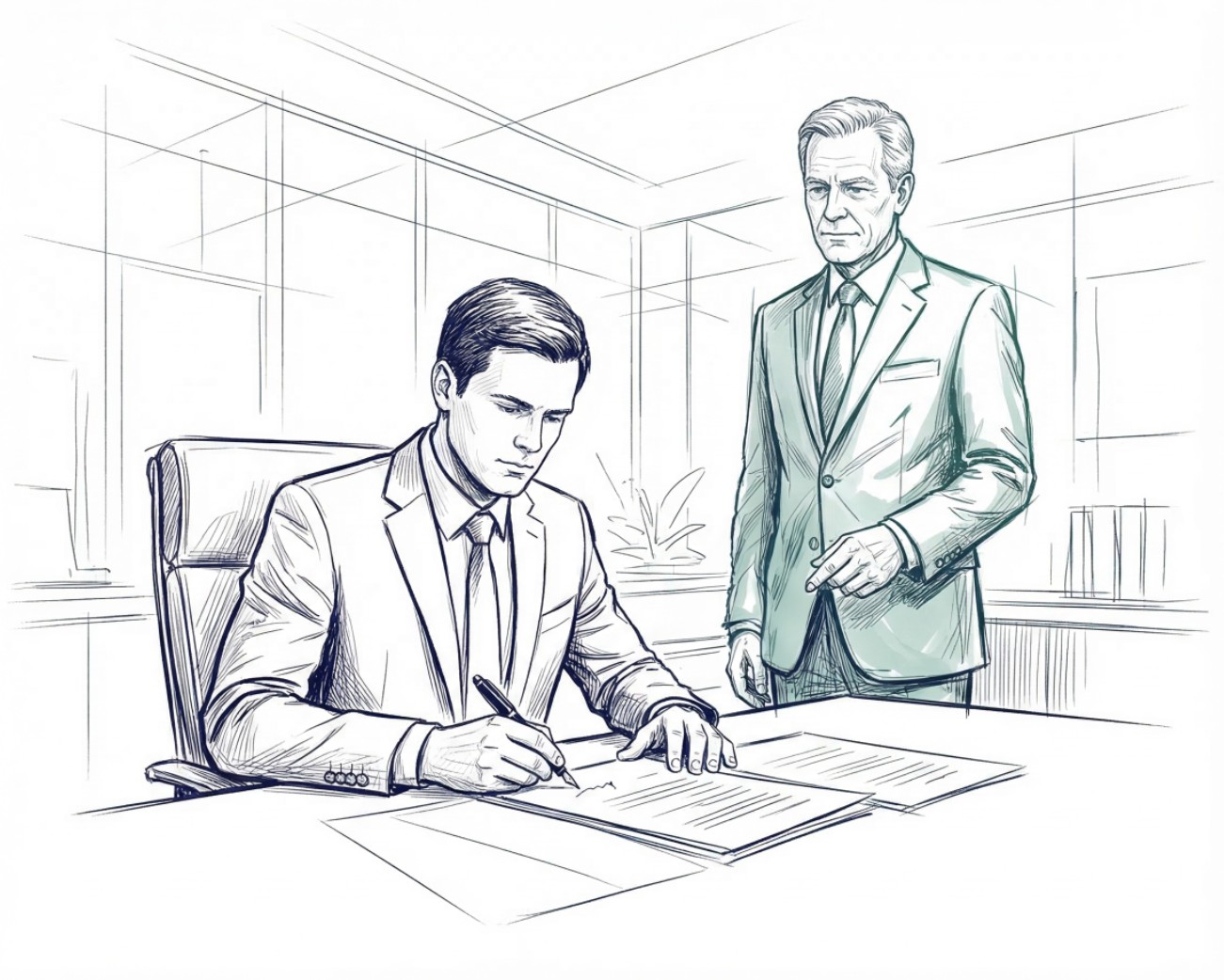 Faktischer Geschäftsführer: Einfluss ohne formelle Organstellung Junger Geschäftsführer unterzeichnet Dokument, während älterer Mann im Hintergrund Anweisungen gibt – Darstellung faktischer Geschäftsführer