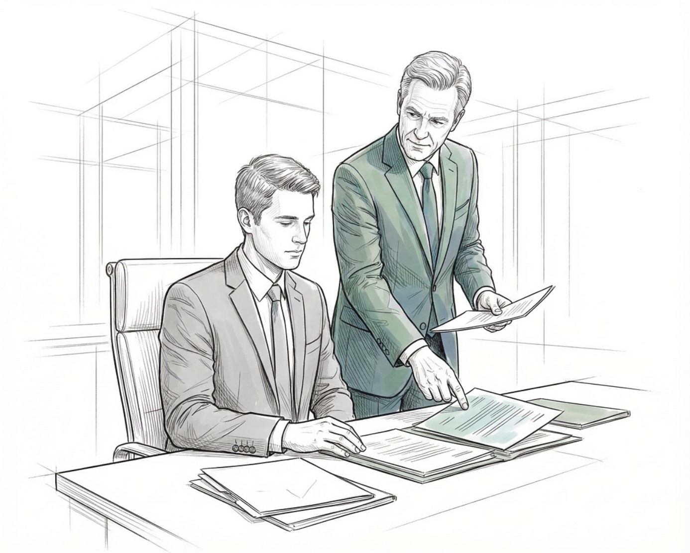 Firmenbestattung: Hintermann steuert formellen Geschäftsführer Älterer Mann weist jüngeren Geschäftsführer auf Dokumente hin – Illustration zur Firmenbestattung und faktischen Geschäftsführung