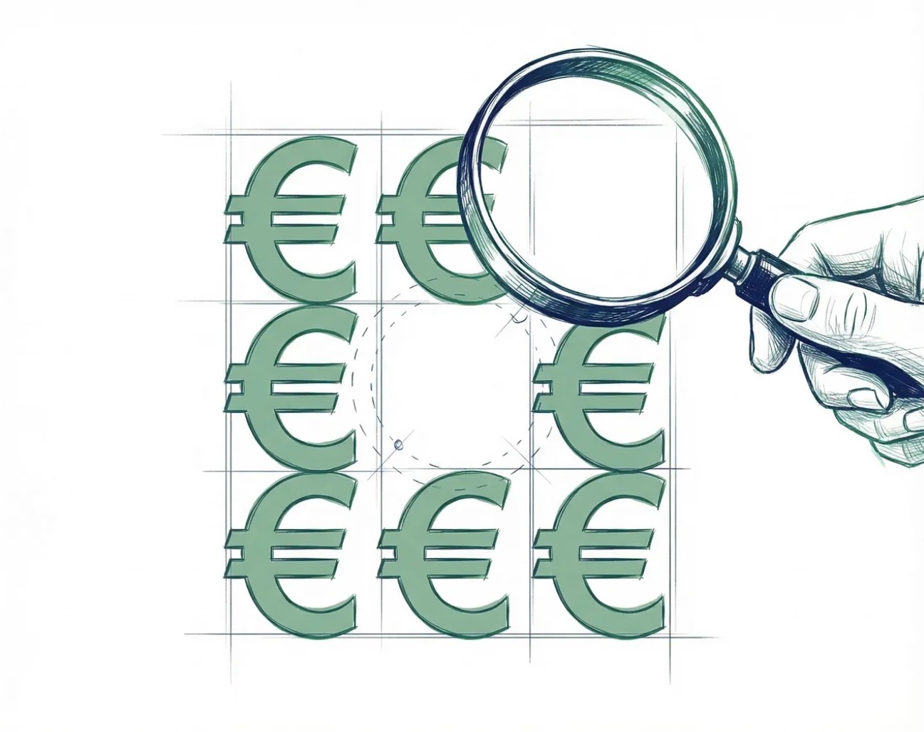 Hinterziehung von Sozialversicherungsbeiträgen: Fehlende Abführung im Fokus Lupe prüft fehlenden Eurobetrag in strukturierter Darstellung als Symbol für Hinterziehung von Sozialversicherungsbeiträgen