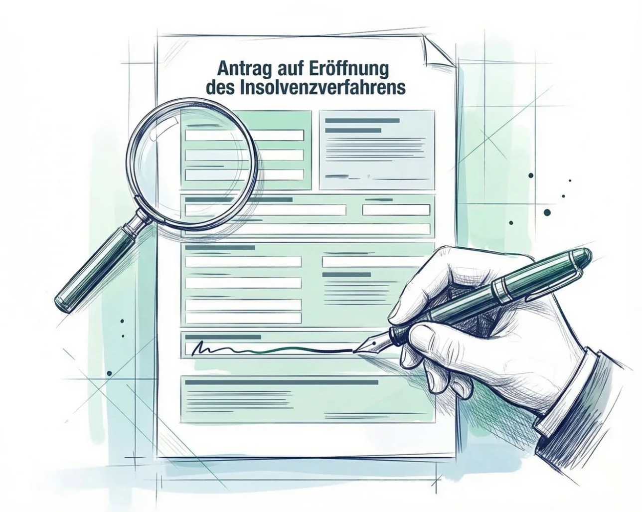 Insolvenzreife GmbH: Antragstellung im Fokus Unterschrift auf Insolvenzantrag unter Lupe als Symbol für Insolvenzreife GmbH und rechtzeitige Antragstellung