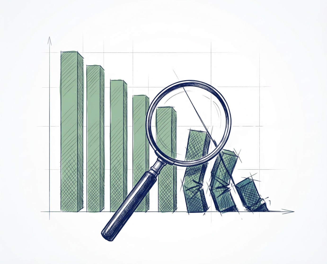 Insolvenzstrafrecht: Analyse wirtschaftlicher Abwärtstrends Lupe analysiert fallendes Balkendiagramm als Symbol für Insolvenzstrafrecht und wirtschaftliche Krise