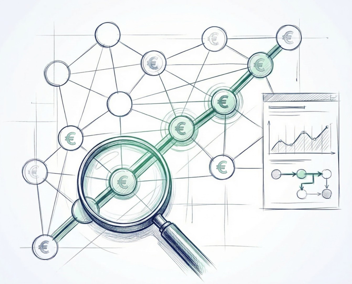 Kryptowährung Geldwäsche: Nachverfolgbarkeit von Transaktionen Netzwerk aus Wallets mit Euro-Symbolen und Lupe – Darstellung von Kryptowährung Geldwäsche und Nachverfolgung von Transaktionen