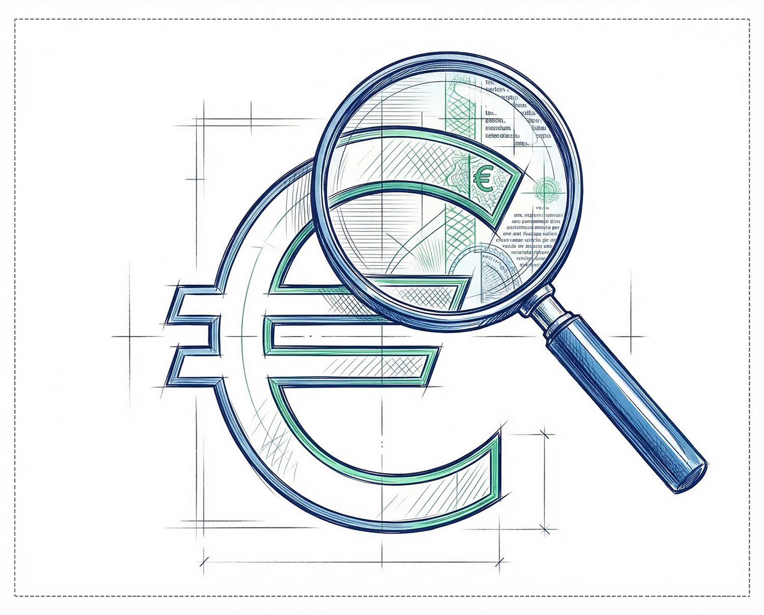 Sorgfaltspflicht Geldwäsche: Prüfung und Kontrolle von Finanztransaktionen Lupe über Euro-Symbol – Illustration zur Sorgfaltspflicht Geldwäsche und Prüfung finanzieller Transaktionen