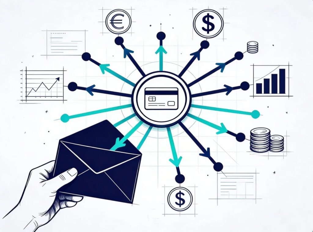 Illustration zu Finanzagent Geldwäsche mit Konto, Geldflüssen und verteilten Transaktionen