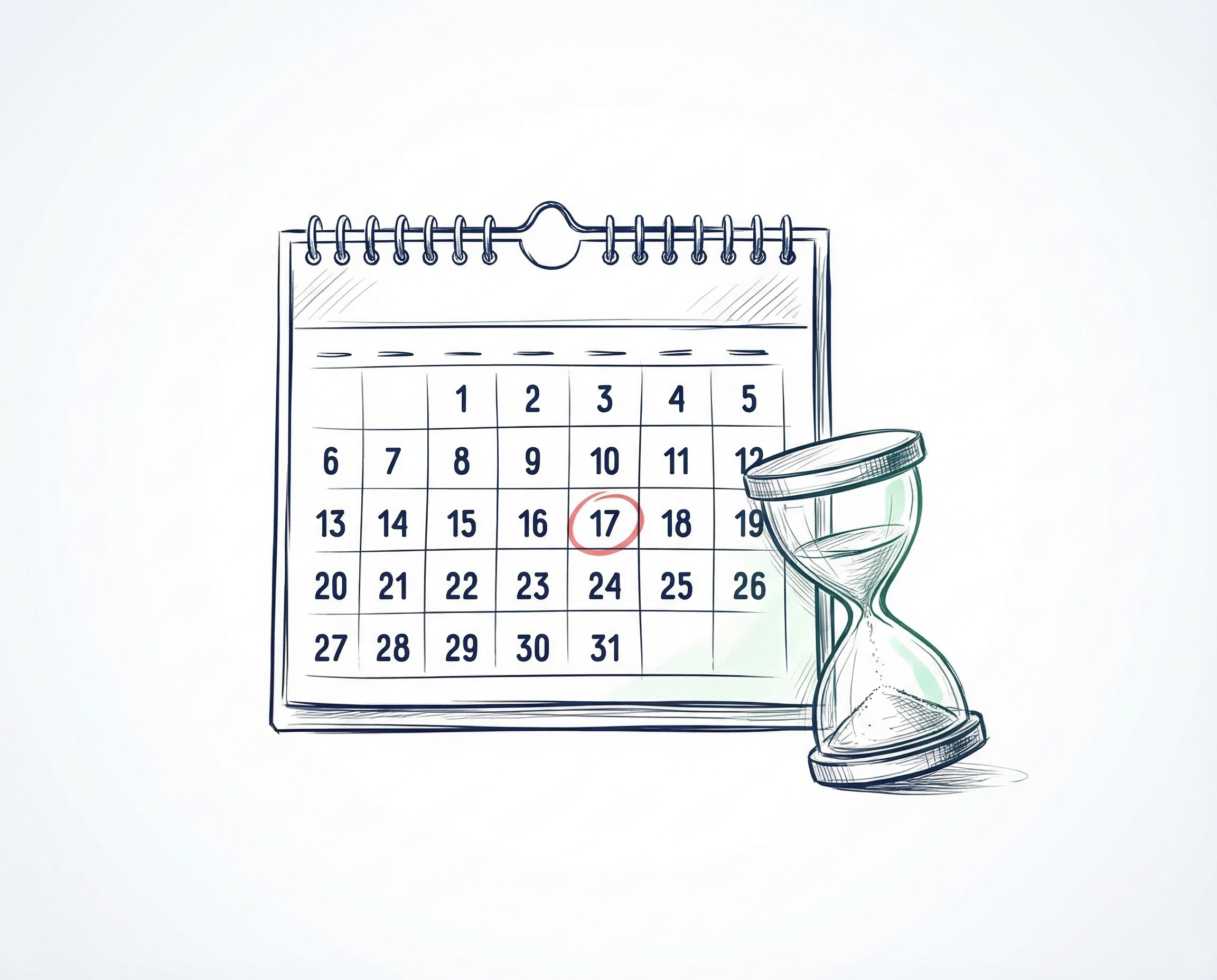 Geldwäsche Verjährung: Fristen und Zeitpunkt verstehen Kalender mit markiertem Datum und Sanduhr als Symbol für Geldwäsche Verjährung und Fristen