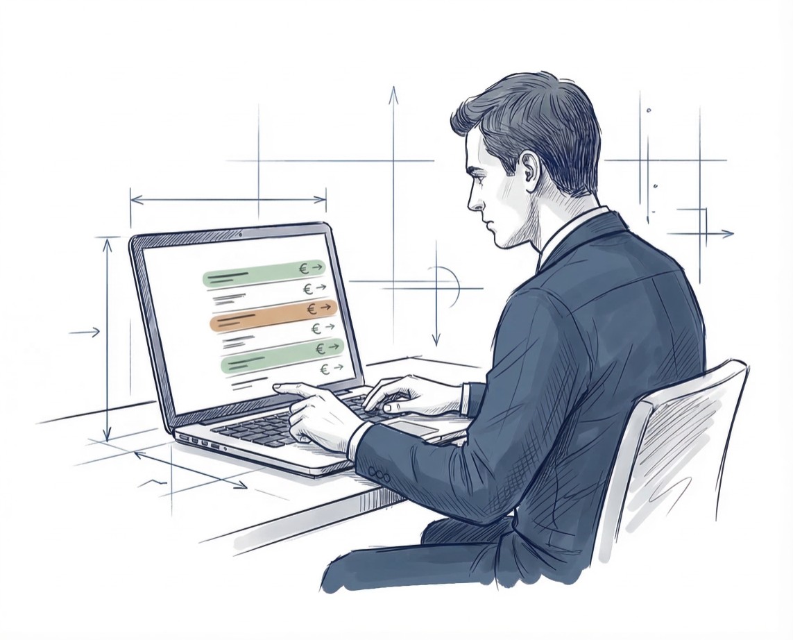 Geldwäschebeauftragter bei der Prüfung von Transaktionen Illustration eines Geldwäschebeauftragten, der Transaktionen mit Euro-Symbolen am Laptop prüft und eine auffällige Bewegung erkennt