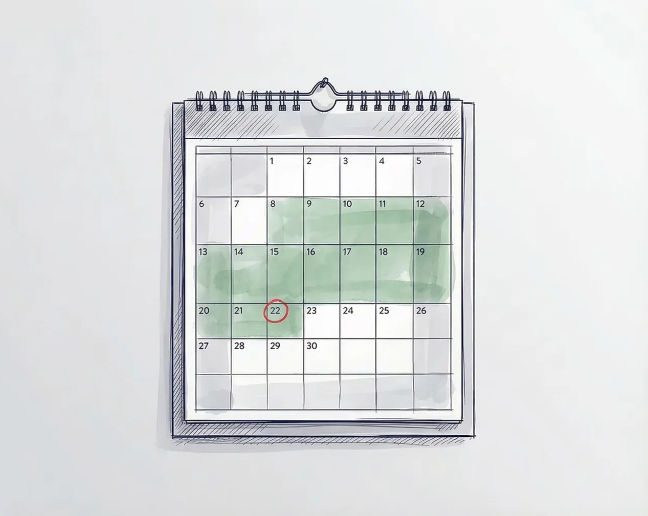 Insolvenzantragspflicht Illustration Kalender mit markiertem Drei-Wochen-Zeitraum und rot umkreistem Datum 22 zur Darstellung der Insolvenzantragspflicht