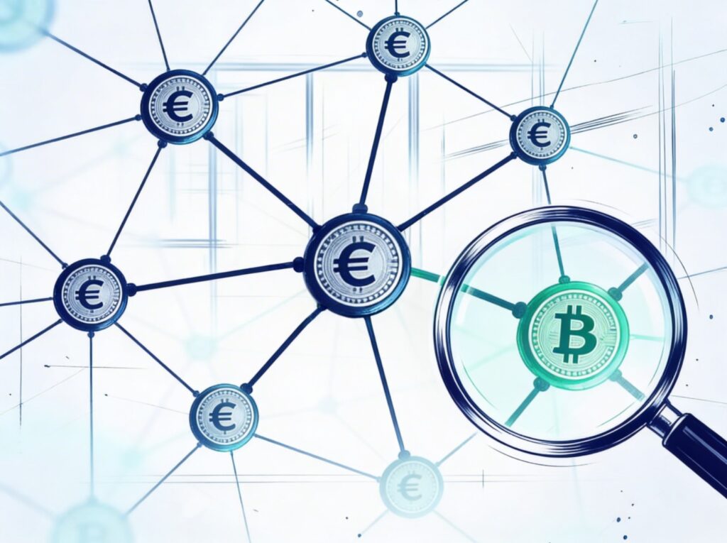 Kryptomärkteaufsichtsgesetz: Kontrolle von Kryptodienstleistungen Lupe untersucht vernetztes System aus Euro- und Bitcoin-Symbolen als Darstellung der Regulierung nach dem Kryptomärkteaufsichtsgesetz