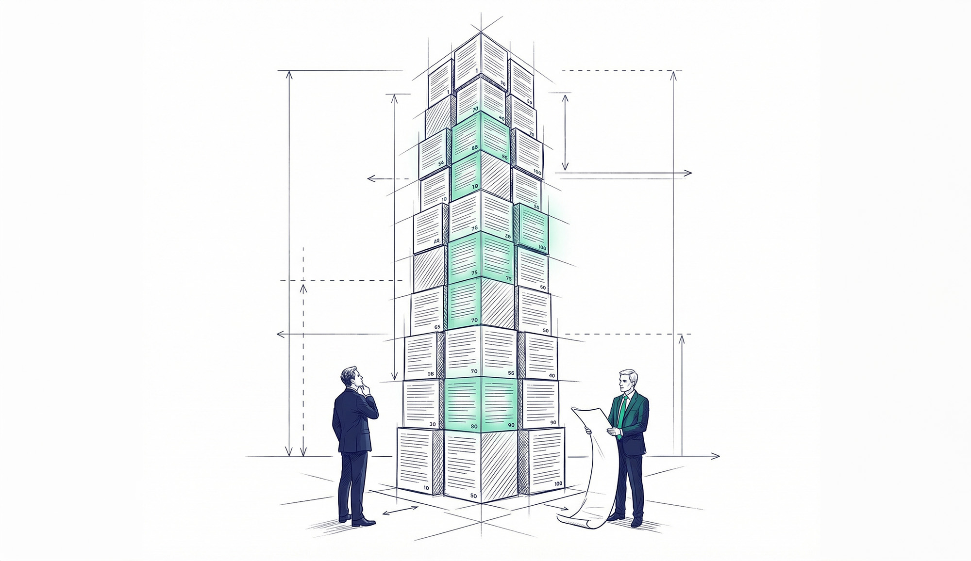 Ordnungswidrigkeiten Geldwäschegesetz: Pflichten und Risiken Großer Aktenstapel mit zwei Personen als Symbol für Ordnungswidrigkeiten nach dem Geldwäschegesetz