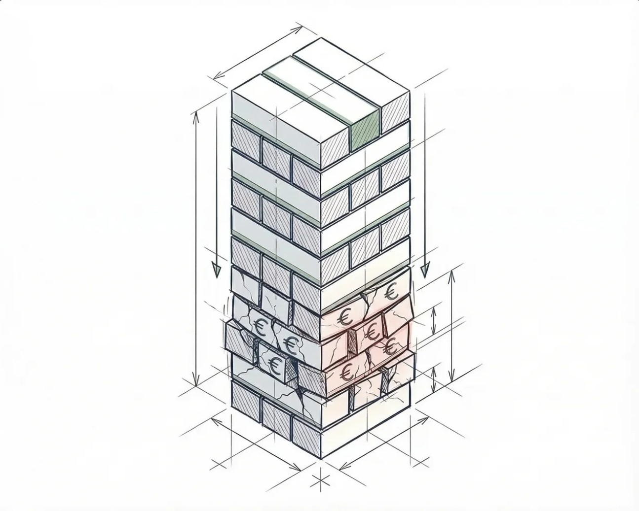 Illustration zur Überschuldung einer GmbH Illustration zur Überschuldung einer GmbH mit instabiler Struktur und Euro-Symbolen im defizitären Bereich