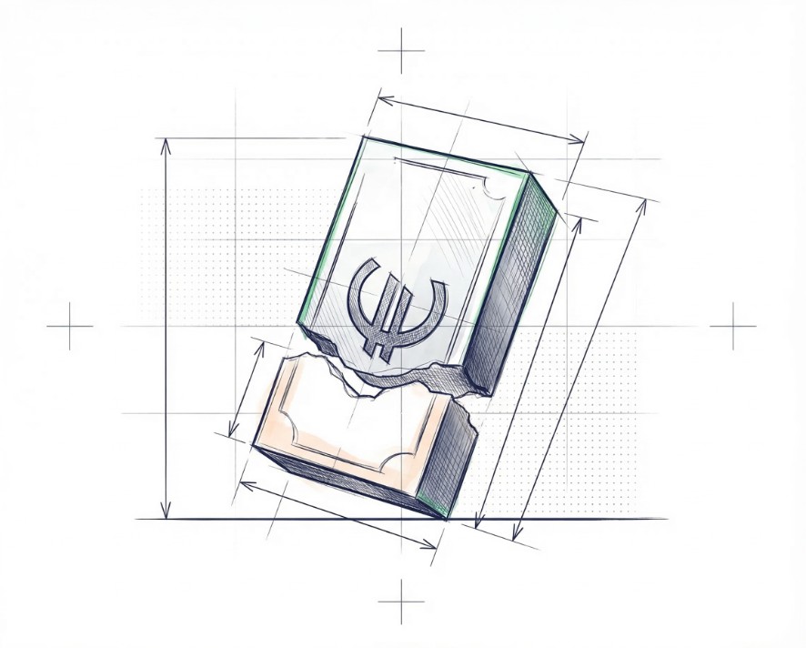 Zahlungsunfähigkeit GmbH: Kipppunkt der Liquidität Illustration zur Zahlungsunfähigkeit einer GmbH mit gekipptem Geldblock und sichtbarer finanzieller Lücke